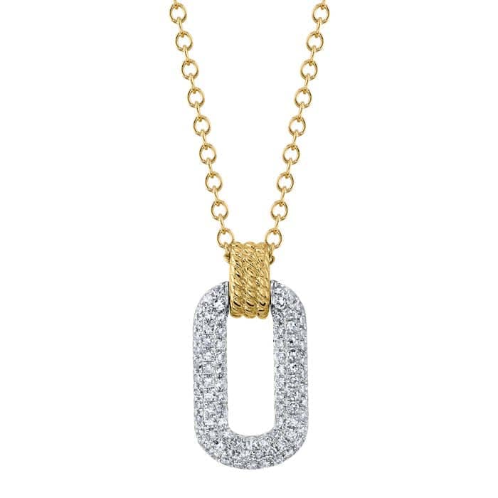 Shy Creation Open Oval Diamond Pavé Pendant Necklace in 14K White and Yellow Gold