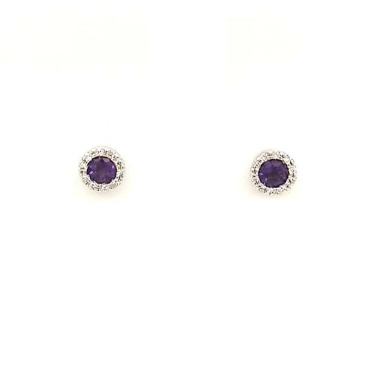 Mountz Collection Amethyst Stud Earrings with Diamond Halo in 14K White Gold
