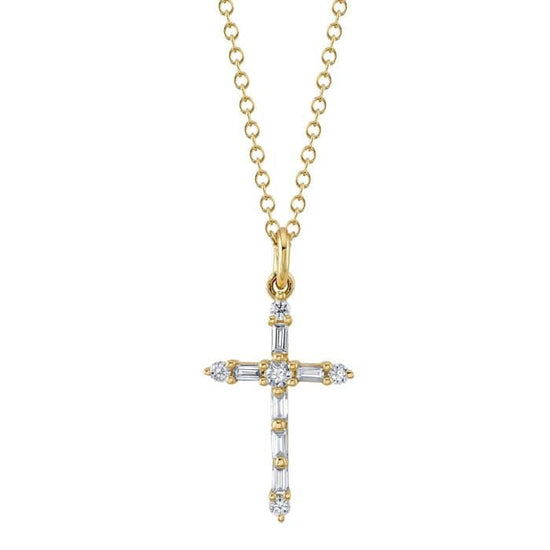 Shy Creation Baguette Diamond Cross Pendant in 14K Yellow Gold