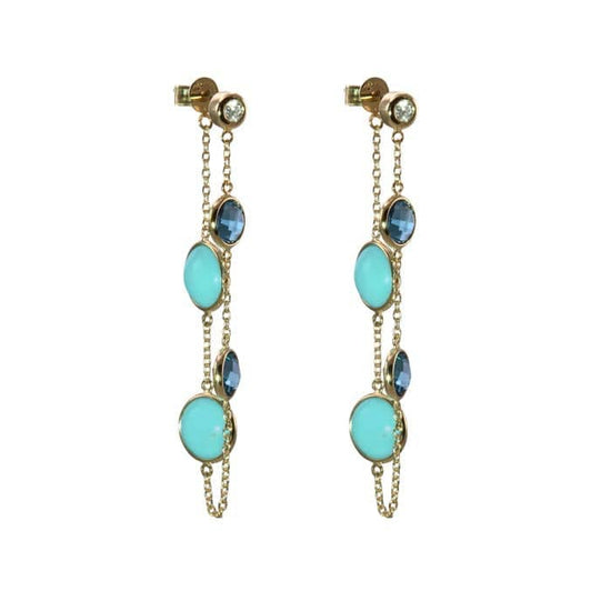 Mountz Collection Turqoise and London Blue Topaz Front/Back Earrings with Diamond Top in 14K Yellow Gold