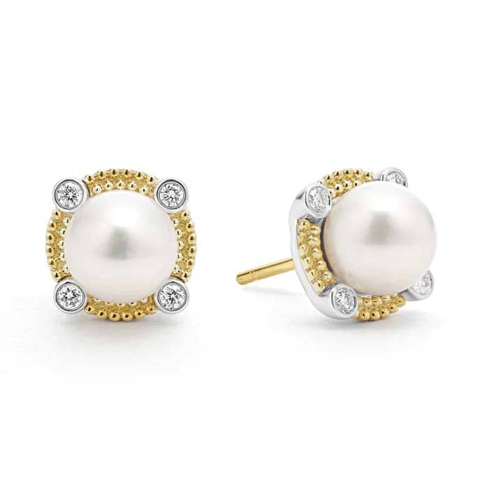 LAGOS Pearl and Diamond Stud Earrings in Sterling Silver and 18K Yellow Gold