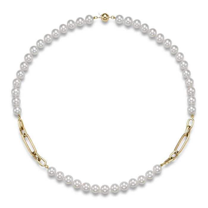 Mastoloni 18" 7.5-8mm Pearl and Link "Nesso" Necklace in 14K Yellow Gold