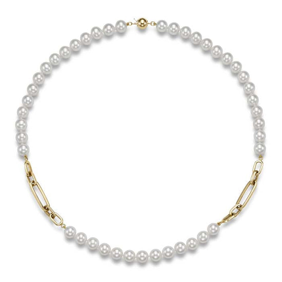 Mastoloni 18" 7.5-8mm Pearl and Link "Nesso" Necklace in 14K Yellow Gold