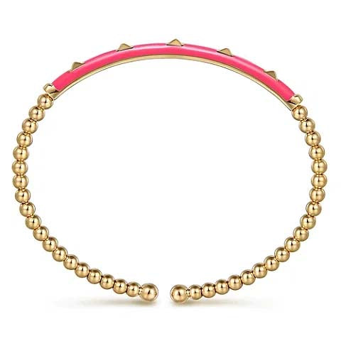 Gabriel & Co. Pink Enamel Pyramid and Bujukan Split Bangle in 14K Yellow Gold