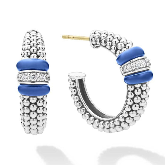 LAGOS Ultramarine Blue Ceramic Caviar Diamond Hoop Earrings in Sterling Silver