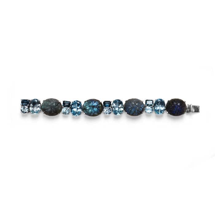 Stephen Dweck 7" Terraquatic Labrodorite Carved Black Mother of Pearl, London Blue Topaz, Sky Blue Topaz Bracelet in Sterling Silver