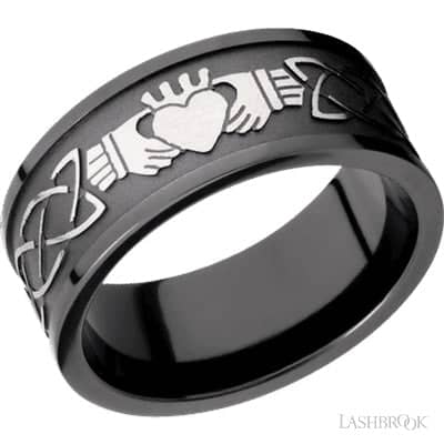 Lashbrook 9MM Claddagh Celtic Design Wedding Band in Zirconium