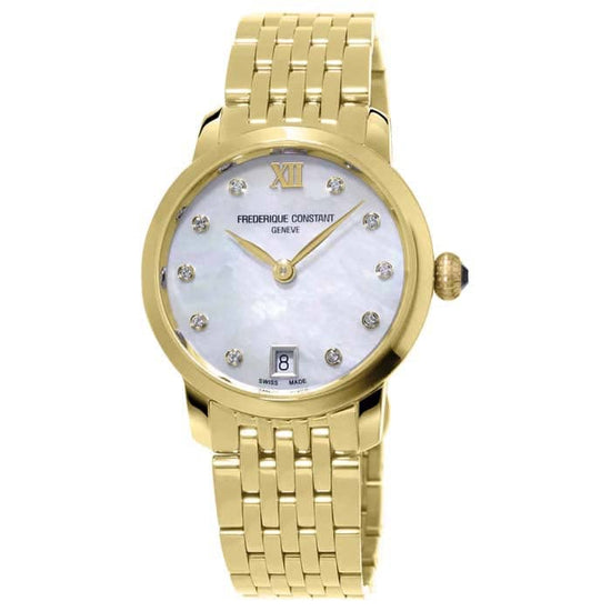 Frederique Constant 30mm Slimline Ladies Quartz Watch with Mother of Pearl and Diamond Dial in Yellow Gold Plate