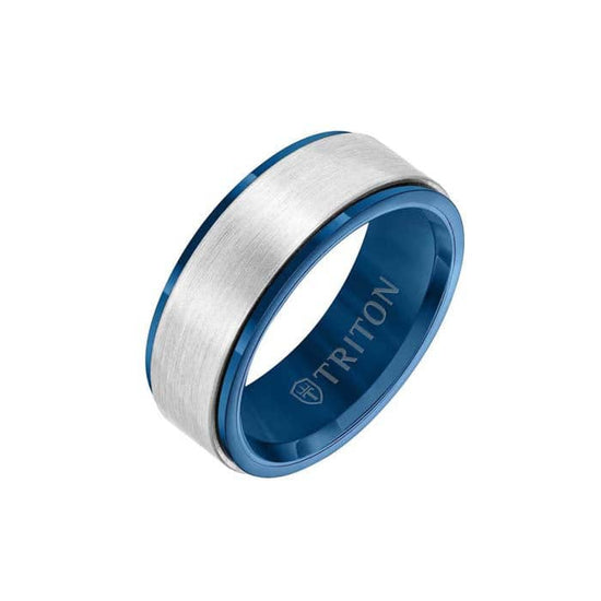 Triton 8MM Gents Wedding Band in Blue and White Tungsten Carbide