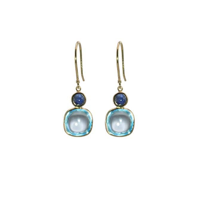Mountz Collection Smooth Sky Blue Topaz Drop Earrings with Cabachon Blue Sapphire Detail in 14K Yellow Gold