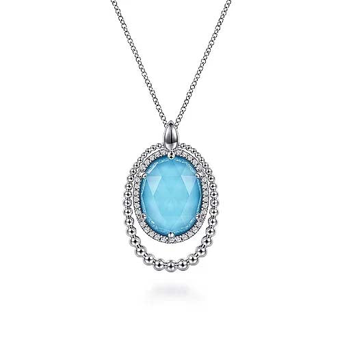 Gabriel & Co. Turquoise and Rock Crystal Pendant with White Sapphire and Bujukan Halos in Sterling Silver