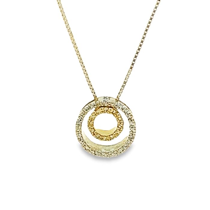 Estate Diamond Double Circle Pendant Necklace in 14K White and Yellow Gold