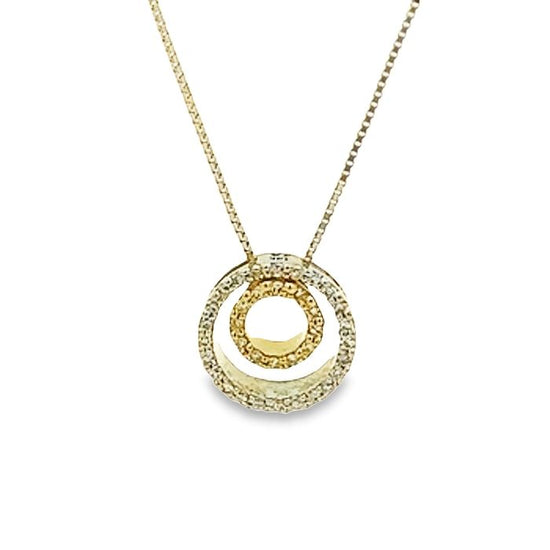 Estate Diamond Double Circle Pendant Necklace in 14K White and Yellow Gold