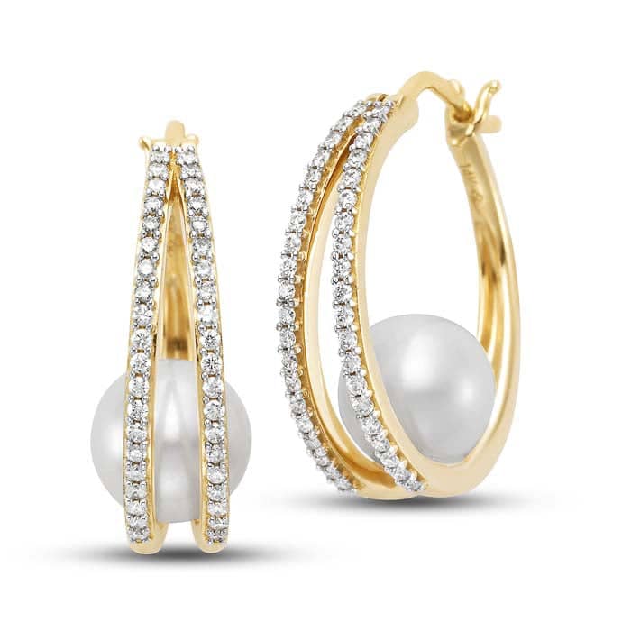 Mastoloni 7.5-8mm Freshwater Cultured Pearl and Diamond Oval Double Hoop Earrings in 14K Yellow Gold