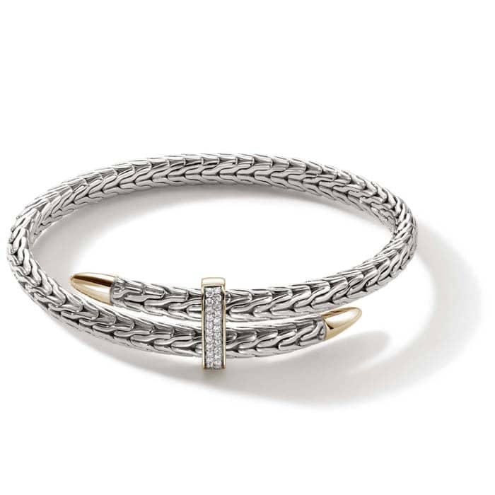 John Hardy Spear Pavé Flex Cuff in Sterling Silver and 14K Yellow Gold