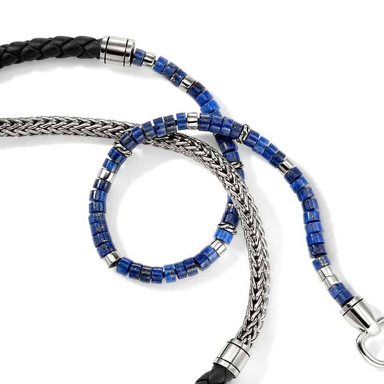 John Hardy 4MM Lapis Heishi and Black Leather Classic Chain Triple Wrap Bracelet in Sterling Silver