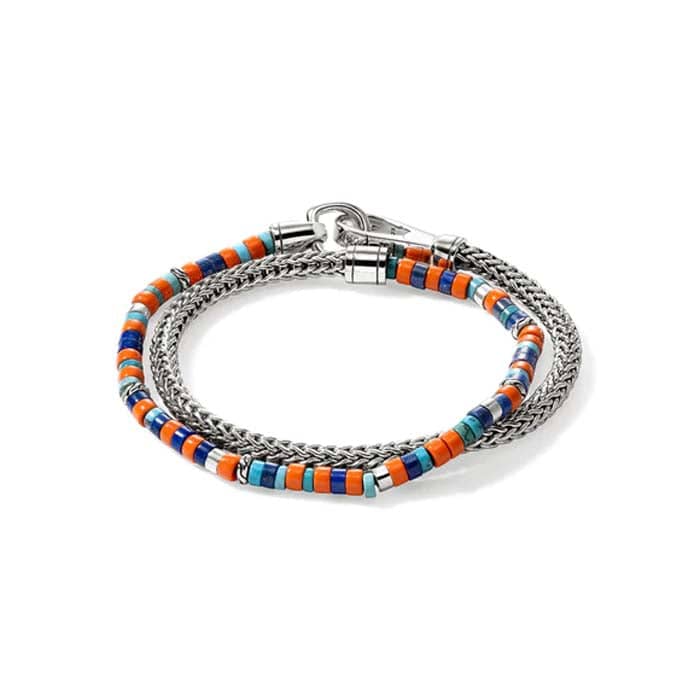 John Hardy 4MM Lapis, Turquoise and Orange Enamel Heishi Chain Bracelet in Sterling Silver