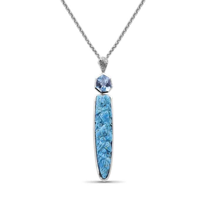 Stephen Dweck 18" Carventuous Pendant with Hand Carved Turquoise and Galactical Faceted Blue Topaz in Sterling Silver