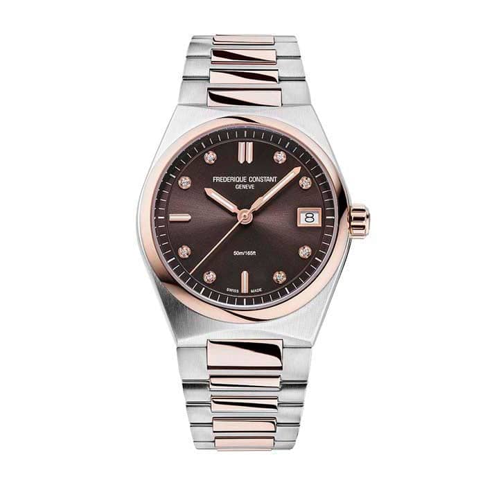 Frederique Constant 31mm Highlife Quartz Watch with Brown Diamond Dial in Stainless Steel and Rose Gold Plate