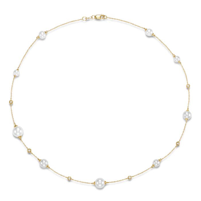 Mastoloni 18" Aida Necklace with Freshwater Cultured Pearls and Diamond Station Set Necklace in 14K Yellow Gold