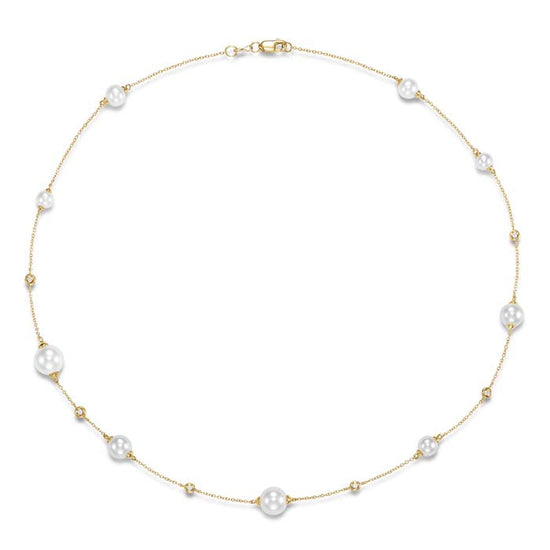 Mastoloni 18" Aida Necklace with Freshwater Cultured Pearls and Diamond Station Set Necklace in 14K Yellow Gold