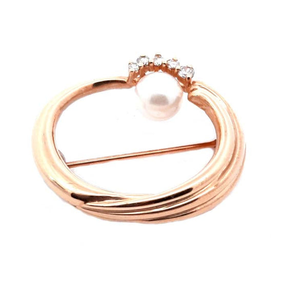 Estate Pearl and Diamond Circle Pin in 14K Yellow Gold