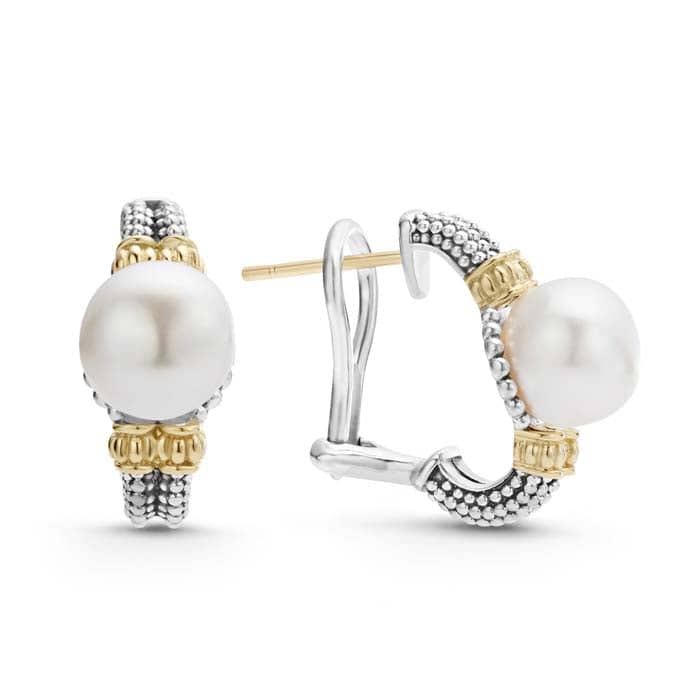 LAGOS Luna Pearl Omega Clip Earrings in Sterling Silver and 18K Yellow Gold