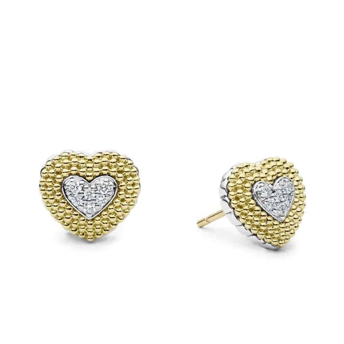 Load image into Gallery viewer, LAGOS Caviar Lux Diamond Heart Stud Earrings in 18K Yellow Gold and Sterling Silver
