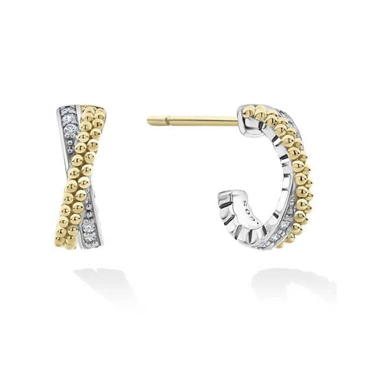 Load image into Gallery viewer, LAGOS .08CTW Diamond Caviar Lux Small X Diamond Hoop Earrings in Sterling Silver and 18K Yellow Gold

