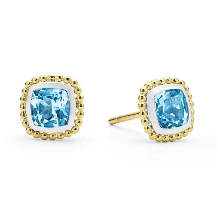 Load image into Gallery viewer, LAGOS Swiss Blue Topaz Caviar Stud Earrings in Sterling Silver and 18K Yellow Gold
