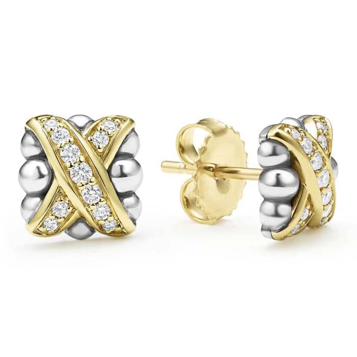 Load image into Gallery viewer, LAGOS Diamond X Stud Earrings in Sterling Silver and 18K Yellow Gold
