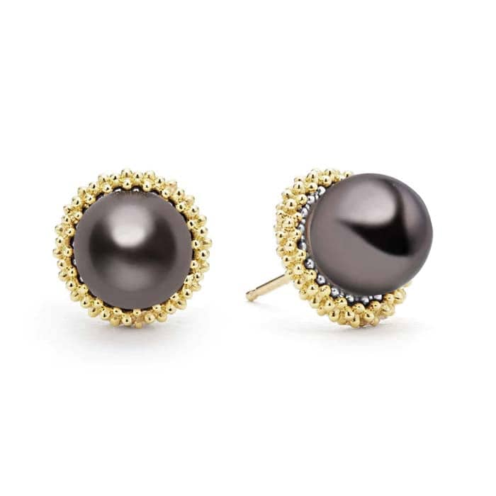 Load image into Gallery viewer, LAGOS Two-Tone Caviar Tahitian Black Pearl Stud Earrings in Sterling Silver and 18K Yellow Gold
