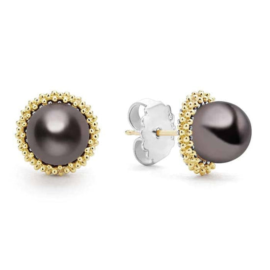 Load image into Gallery viewer, LAGOS Two-Tone Caviar Tahitian Black Pearl Stud Earrings in Sterling Silver and 18K Yellow Gold
