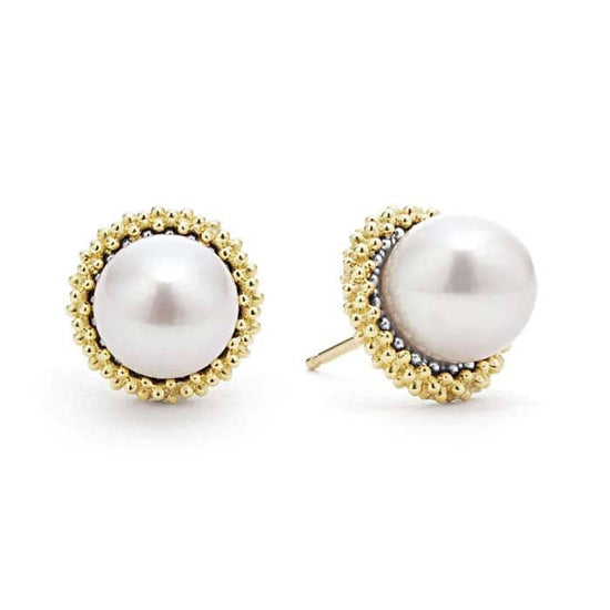 Load image into Gallery viewer, LAGOS Two-Tone Caviar Pearl Stud Earrings in Sterling Silver and 18K Yellow Gold
