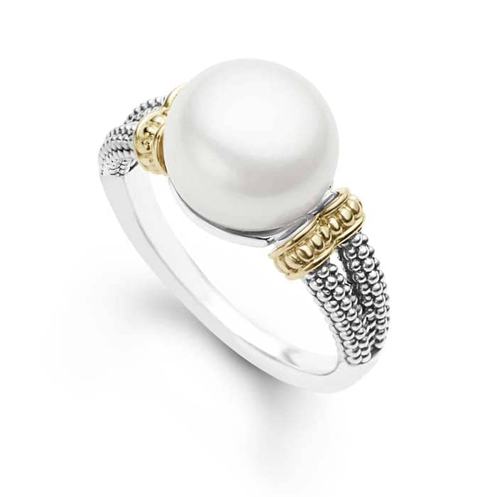 Load image into Gallery viewer, LAGOS Luna Button Pearl Small Ring in Sterling Silver and 18K Yellow Gold
