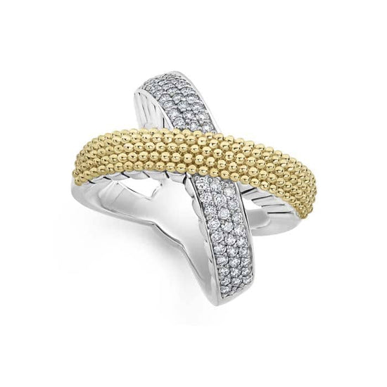 Load image into Gallery viewer, LAGOS .54CTW Diamond Crossover &amp;quot;X&amp;quot; Ring Caviar Lux in 18K Yellow Gold and Sterling Silver
