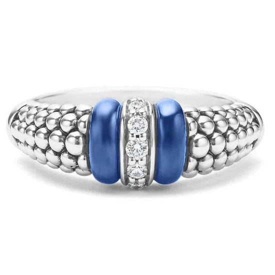 LAGOS Ultramarine Blue Ceramic and Caviar Diamond Ring in Sterling Silver