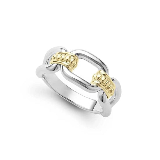 LAGOS Two-Tone "Signature Caviar" Link Ring in Sterling Silver and 18K Yellow Gold