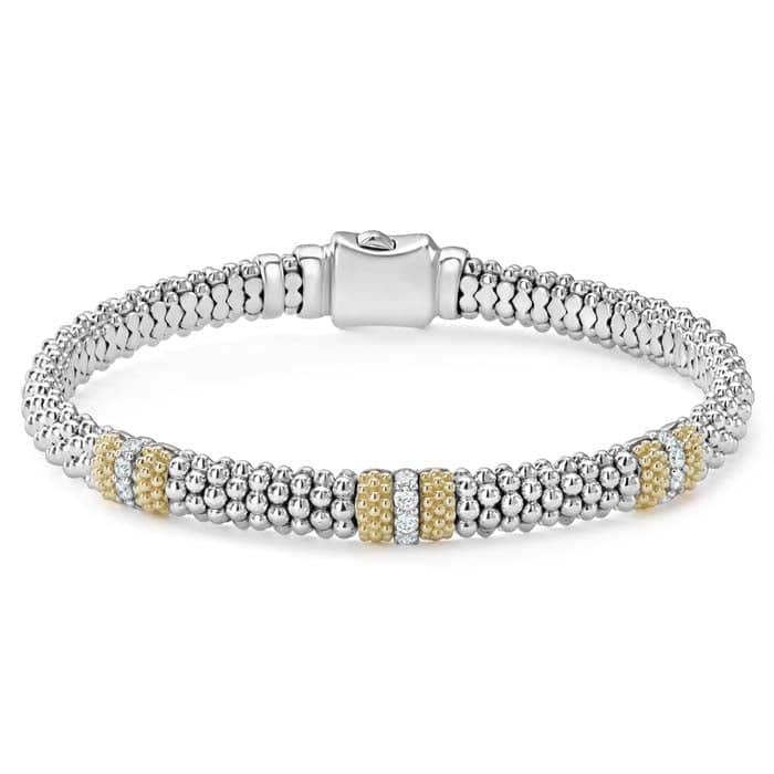 Load image into Gallery viewer, LAGOS Caviar Lux Three Station Diamond Caviar Bracelet in Sterling Silver and 18K Yellow Gold
