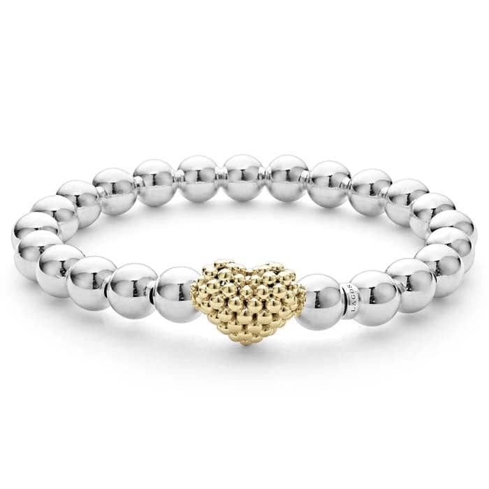 LAGOS Stretch Gold Heart Beaded Bracelet in Sterling Silver and 18K Yellow Gold