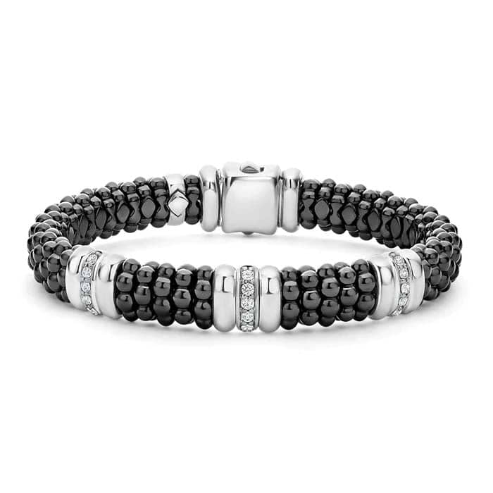 LAGOS Black Ceramic Caviar Three Station Diamond Bracelet in Sterling Silver