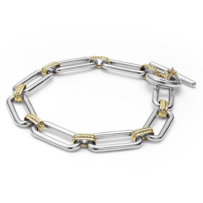 Load image into Gallery viewer, LAGOS Signature Caviar Two Tone Link Bracelet with Toggle Clasp in Sterling Silver and 18K Yellow Gold
