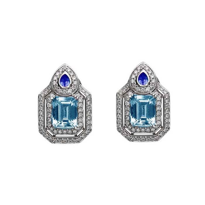 Charles Krypell Pastel Collection Aquarmarine and Sapphire Earrings with Diamonds in 18K White Gold