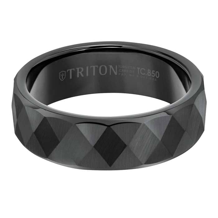 Load image into Gallery viewer, Triton 7MM Faceted Diamond Pattern Wedding Band in Black Tungsten Carbide
