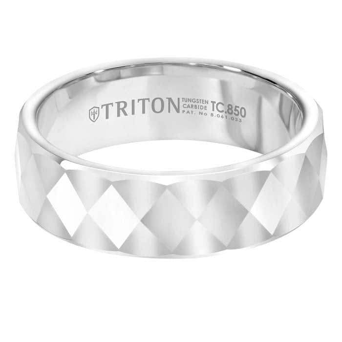 Load image into Gallery viewer, Triton 7MM Faceted Diamond Pattern Wedding Band in White Tungsten Carbide
