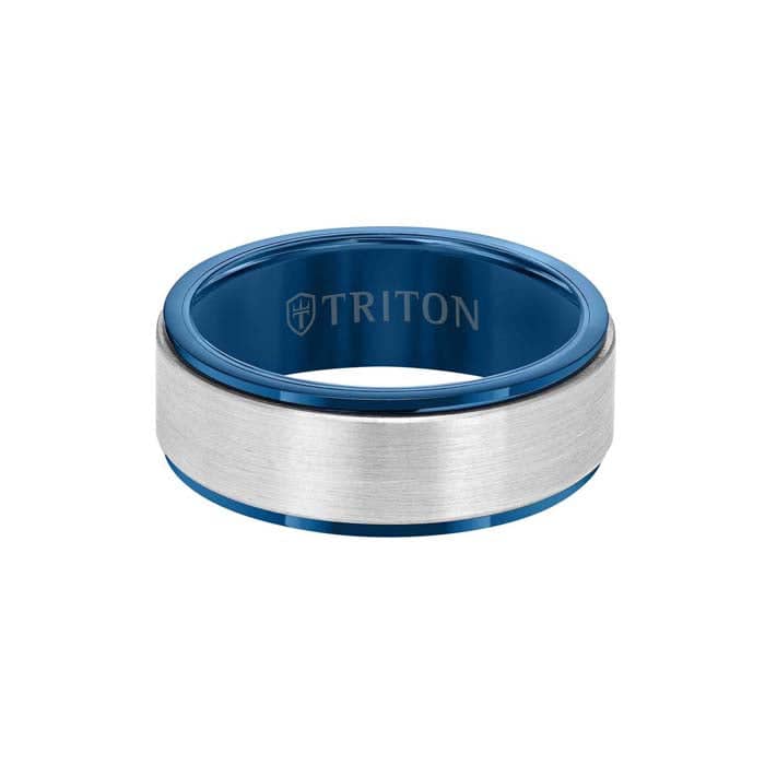 Triton 8MM Gents Wedding Band in Blue and White Tungsten Carbide
