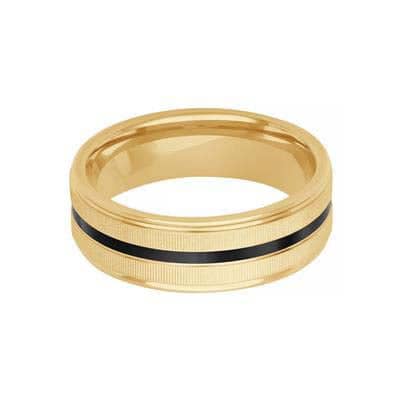 Goldman 7MM Coin Edge Texture Wedding Band with Ceramic Inlay in 14K Yellow Gold and Deep Black Ceramic