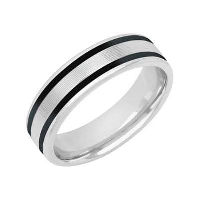 Load image into Gallery viewer, Goldman 6MM Serrated Center Wedding Band with Ceramic Inlay in 14K White Gold and Deep Black Ceramic
