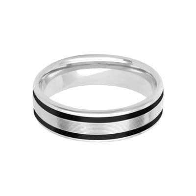 Load image into Gallery viewer, Goldman 6MM Serrated Center Wedding Band with Ceramic Inlay in 14K White Gold and Deep Black Ceramic
