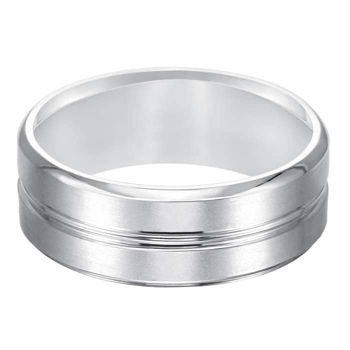 Goldman Men's 8MM Wedding Band with Grooved, Satin and Polished Finish 14K White Gold